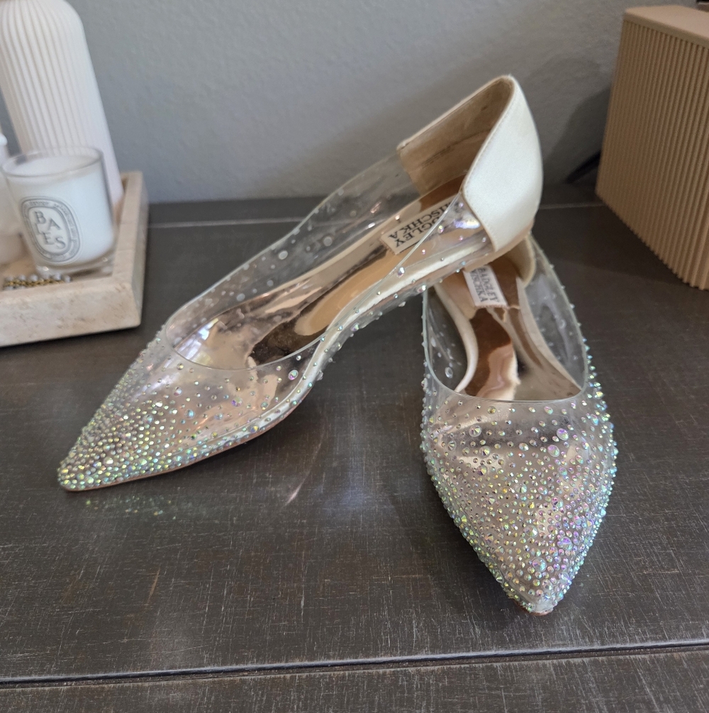 Badgley Mischka Gabi Ivory Satin Rhinestone Flats - Picture 2 of 6